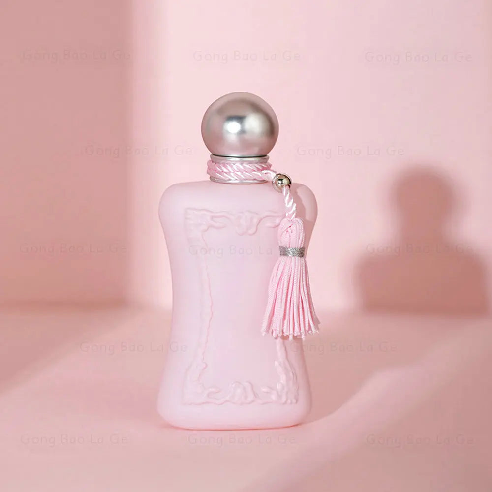 Women perfume bottle pink frosted glass with round silver cap and pink tassel 75ml on Tampa Home & Garden Store