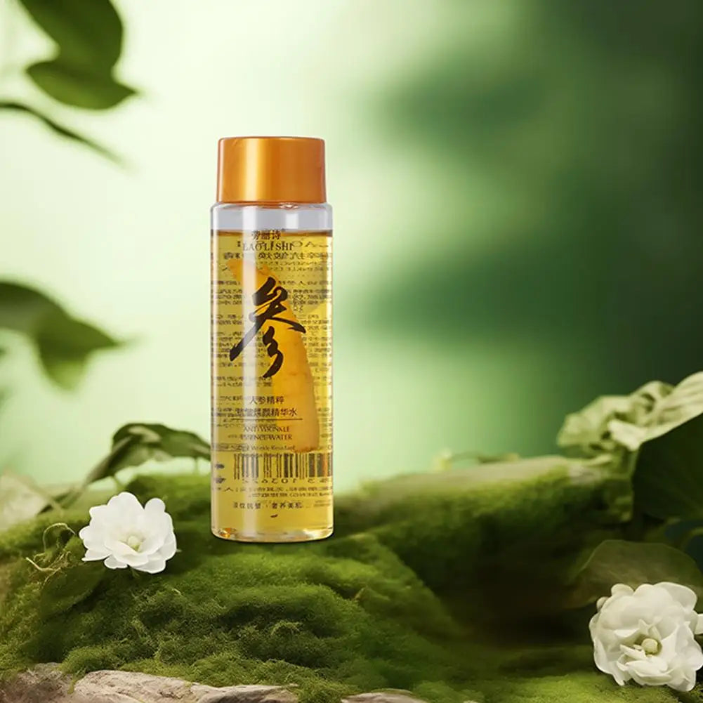 Silcy Skin ginseng serum bottle with golden liquid and orange cap on moss with white flowers on Tampa Home & Garden Store