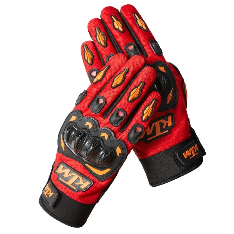 Waterproof anti-slip motorcycle gloves red with black knuckle guard and orange accents, pair on Tampa Home & Garden Store