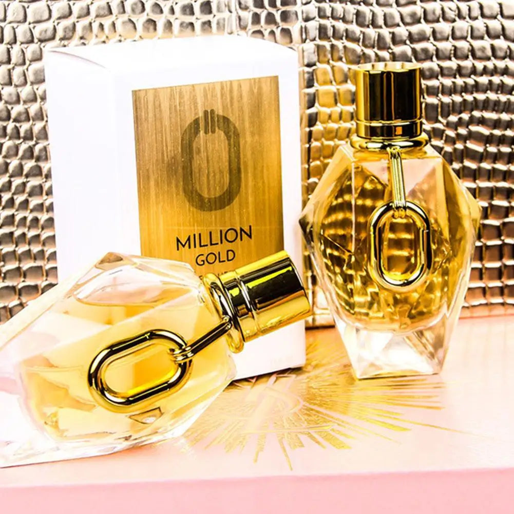 Million Gold For Women EDP by Silcy Skin, two gold-tone glass perfume bottles on Tampa Home & Garden Store
