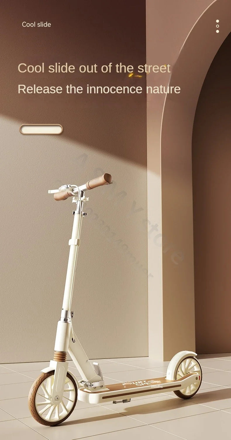 Foldable Kick Scooter by UpTrend Deals, cream frame, brown handle grips, 2-wheel scooter on Tampa Home & Garden Store
