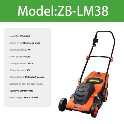 Orange cordless lawn mower ZB-LM38 with black frame, handle and four wheels on Tampa Home & Garden Store