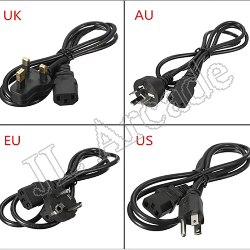 Pandora Saga DX home arcade power cords with UK AU EU US plug types, four black cables on Tampa Home & Garden Store