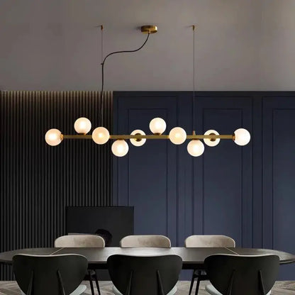 DecorBites LED pendant chandelier, brass linear frame with globe bulbs for modern dining on Tampa Home & Garden Store