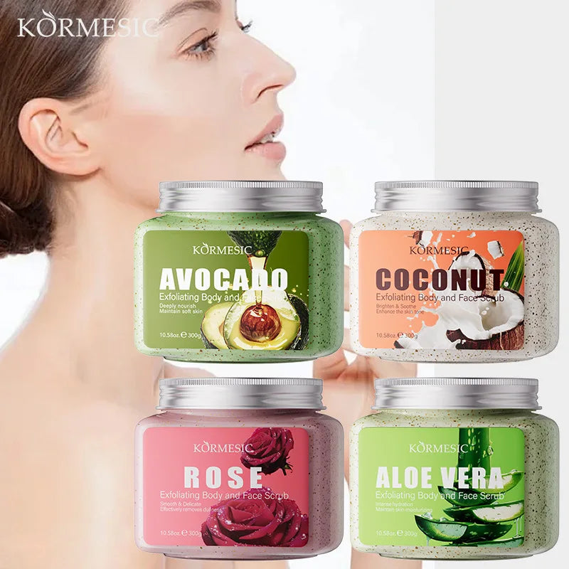 KORMESIC Avocado exfoliating body scrub by Silcy Skin, four jars: coconut, rose, aloe vera on Tampa Home & Garden Store