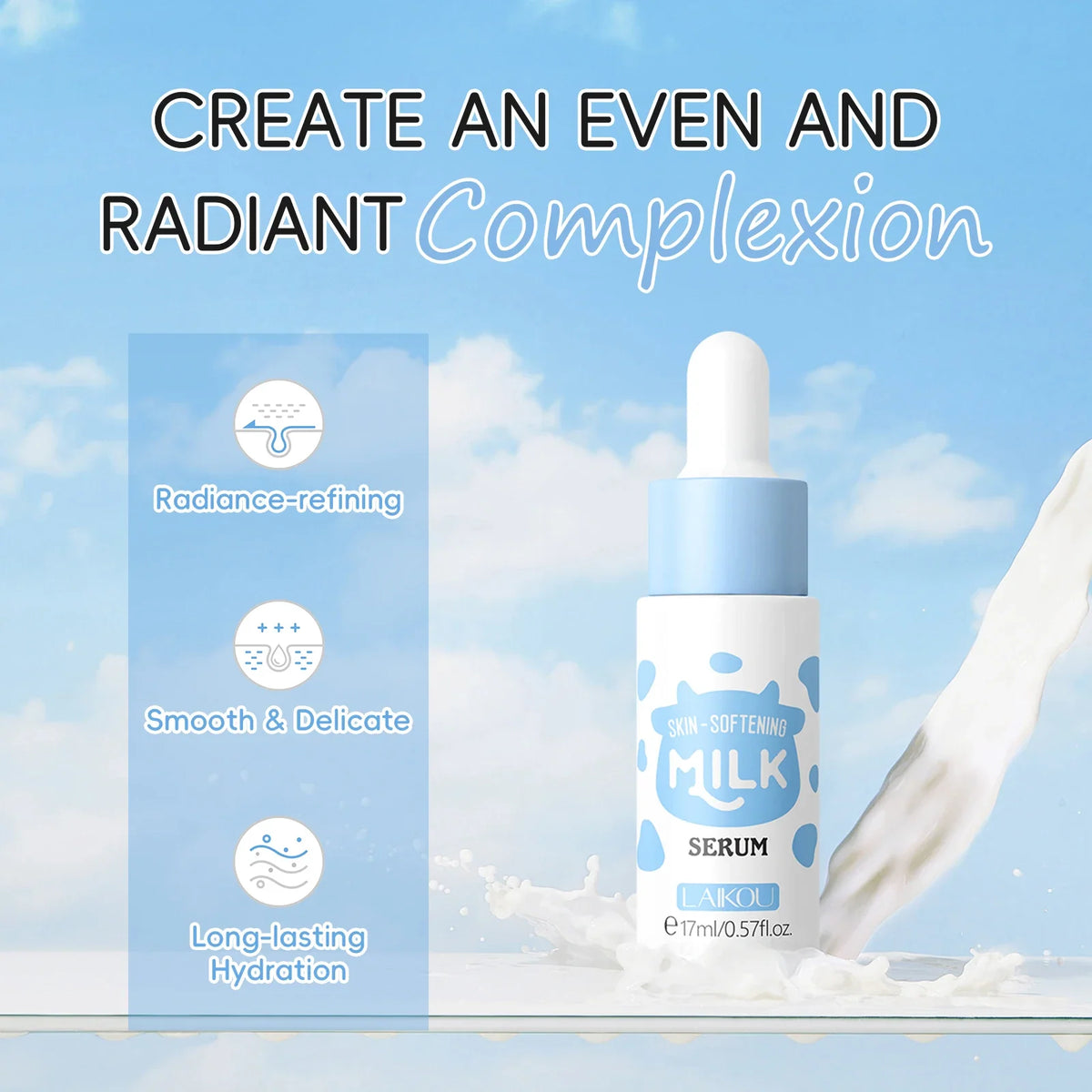 LAIKOU Milk Serum bottle with dropper, blue cow-print label; soothing hydration by Silcy Skin on Tampa Home & Garden Store