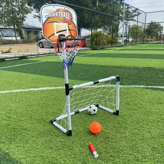 2-in-1 kids soccer goal and basketball hoop, portable frame with nets, FLIPSTYLEZLLC, soccer ball and orange basketball on turf on Tampa Home & Garden Store