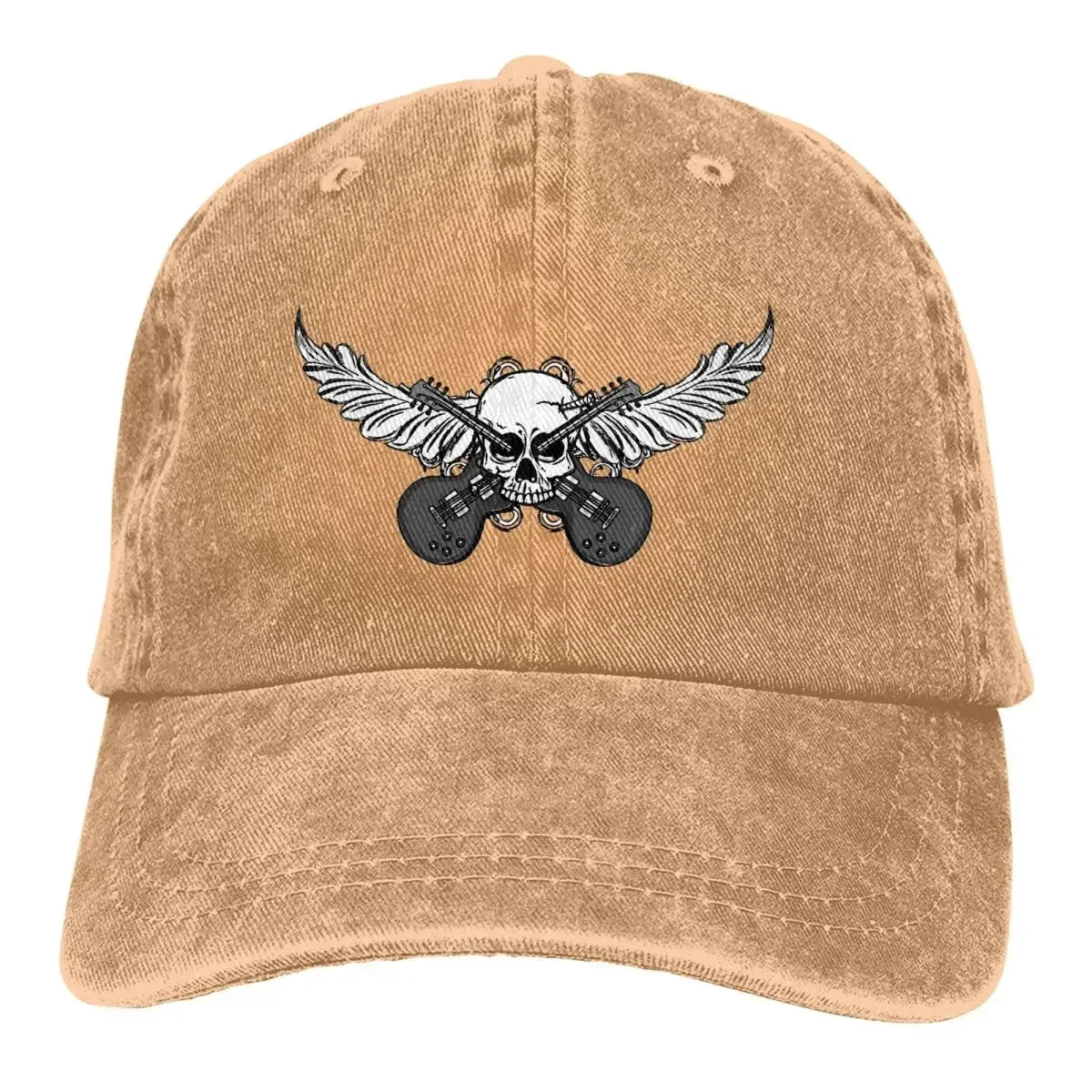 Baseball cap tan with multicolor skull and winged guitars motif by BikerZoneZ on Tampa Home & Garden Store