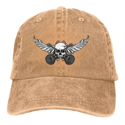 Baseball cap tan with multicolor skull and winged guitars motif by BikerZoneZ on Tampa Home & Garden Store