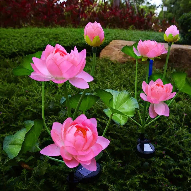 3-Head Lotus Garden Light Perfecsy pink lotus blooms on stems outdoor waterproof lawn lamp on Tampa Home & Garden Store