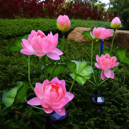 3-Head Lotus Garden Light Perfecsy pink lotus blooms on stems outdoor waterproof lawn lamp on Tampa Home & Garden Store