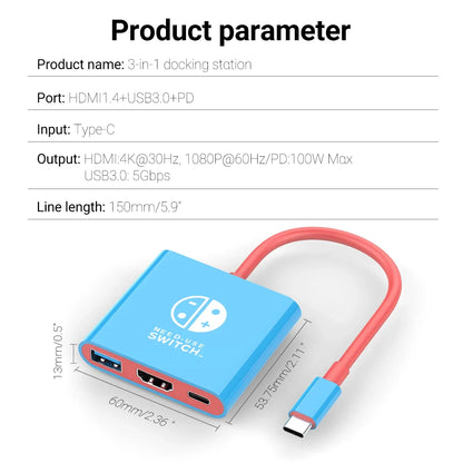 Blue 3-in-1 USB-C docking station with red HDMI/USB ports, 4K HDMI output FLIPSTYLEZLLC on Tampa Home & Garden Store
