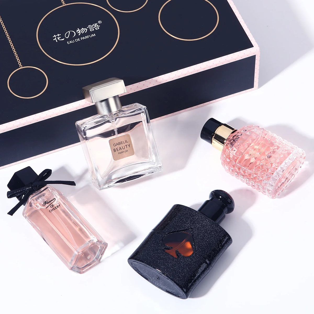 Perfume gift set with Gabellil Beauty Parfum bottle and pink bottle on navy box on Tampa Home & Garden Store