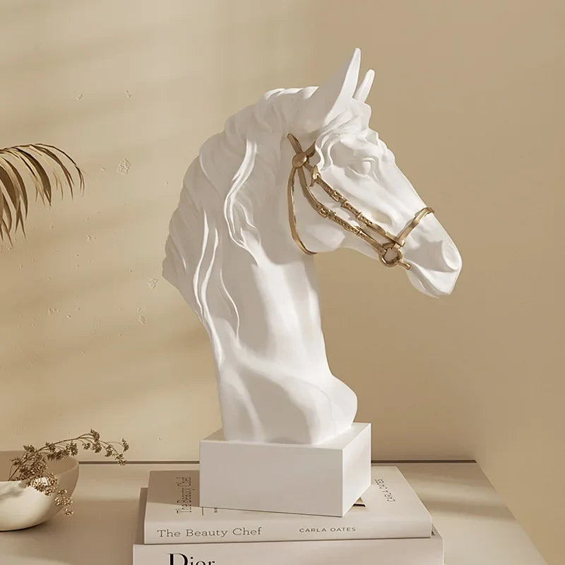 Perfecsy white horse head resin sculpture with gold bridle, modern abstract desk decor on Tampa Home & Garden Store