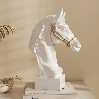 Perfecsy white horse head resin sculpture with gold bridle, modern abstract desk decor on Tampa Home & Garden Store
