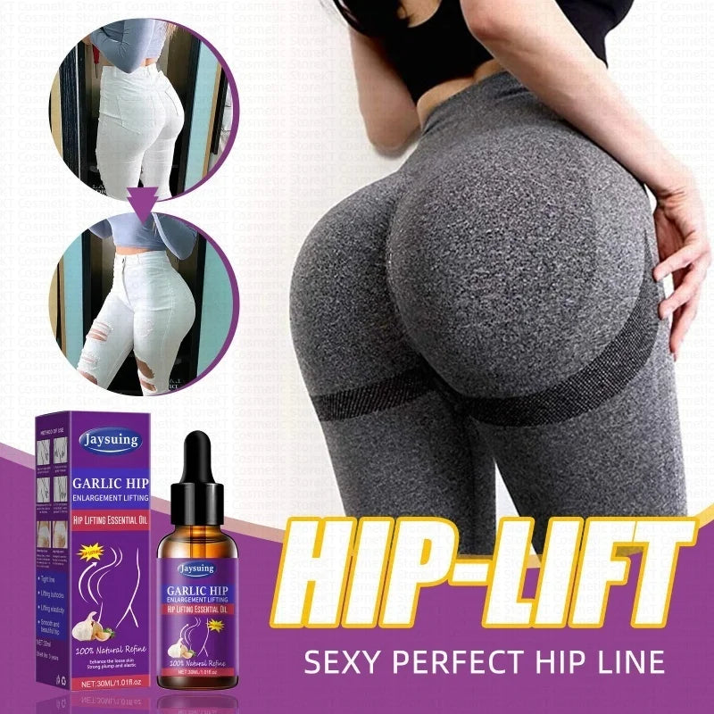 Garlic hip lift essential oil by Silcy Skin; model in gray leggings shows lifted buttocks on Tampa Home & Garden Store