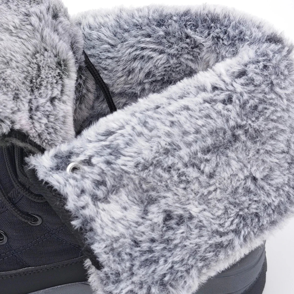 Men's winter snow boots with grey faux fur lining and black waterproof upper for outdoor warmth on Tampa Home & Garden Store