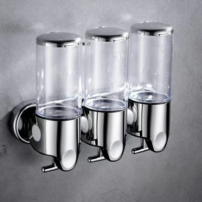 UpTrend Deals 3-tube wall-mounted dispenser; chrome finish with clear 500–1500ml bottles on Tampa Home & Garden Store