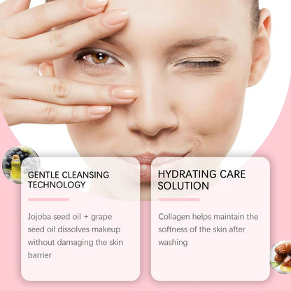 Collagen makeup remover oil with jojoba oil by Silcy Skin, close-up of a fresh-faced woman on Tampa Home & Garden Store