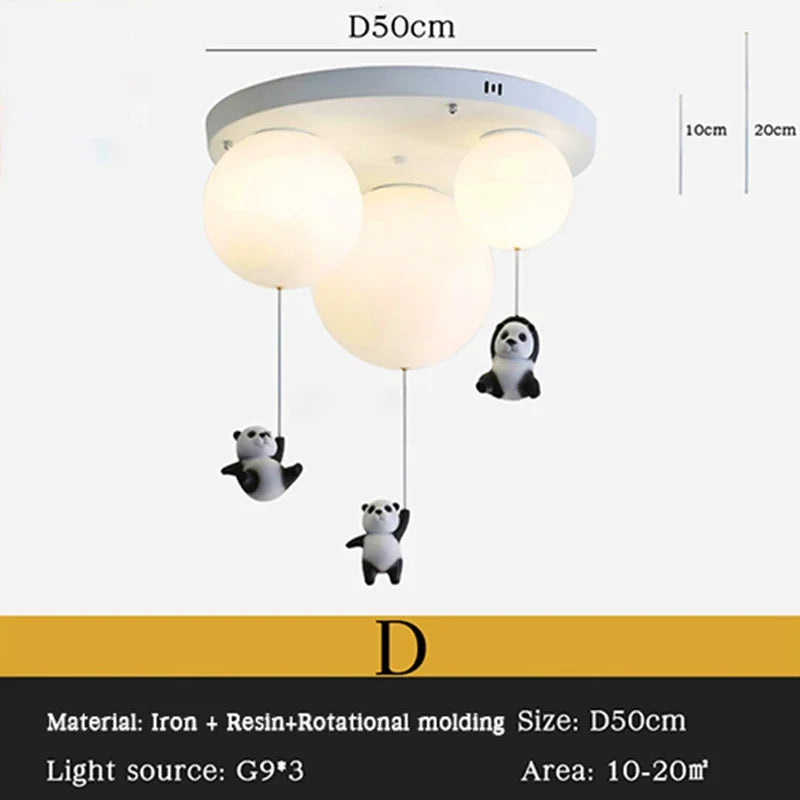 DecorBites Kids Bear LED ceiling chandelier with white frosted globe lights and panda charms on Tampa Home & Garden Store