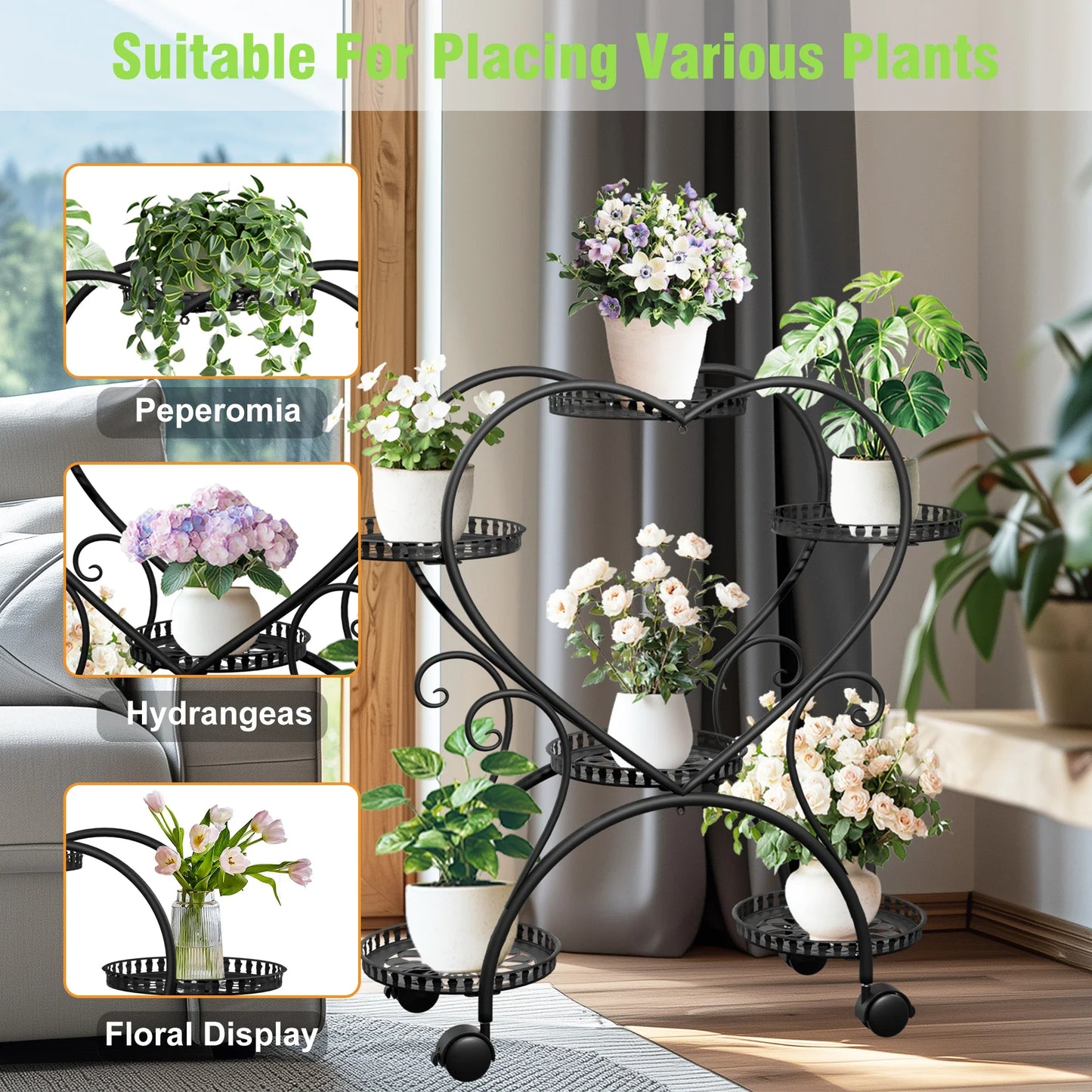 Black Metal Heart 6 Tier Rack For Garden Plants