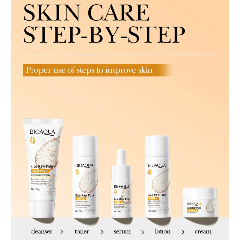 BIOAQUA Rice Raw Pulp 5pc skincare set: cleanser, toner, serum, lotion, cream in white bottles on Tampa Home & Garden Store