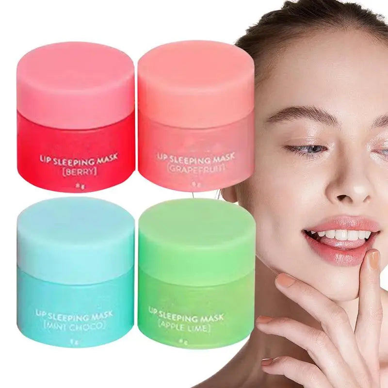 4pc lip sleeping mask set in berry, grapefruit, mint choco, apple lime jars on Tampa Home & Garden Store