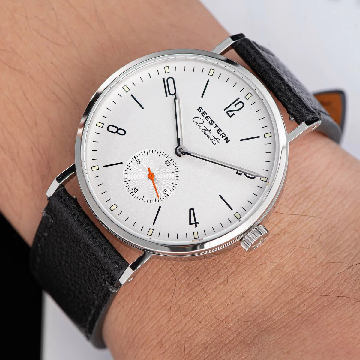 Men's Ultra-Thin Automatic Dress Watch white dial stainless steel case black leather strap on Tampa Home & Garden Store