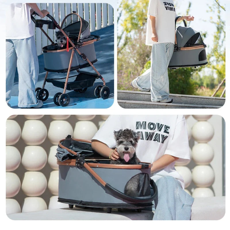 3 in 1 Folding Pet Stroller with detachable carrier gray fabric brown frame 30lb Pet Zen on Tampa Home & Garden Store