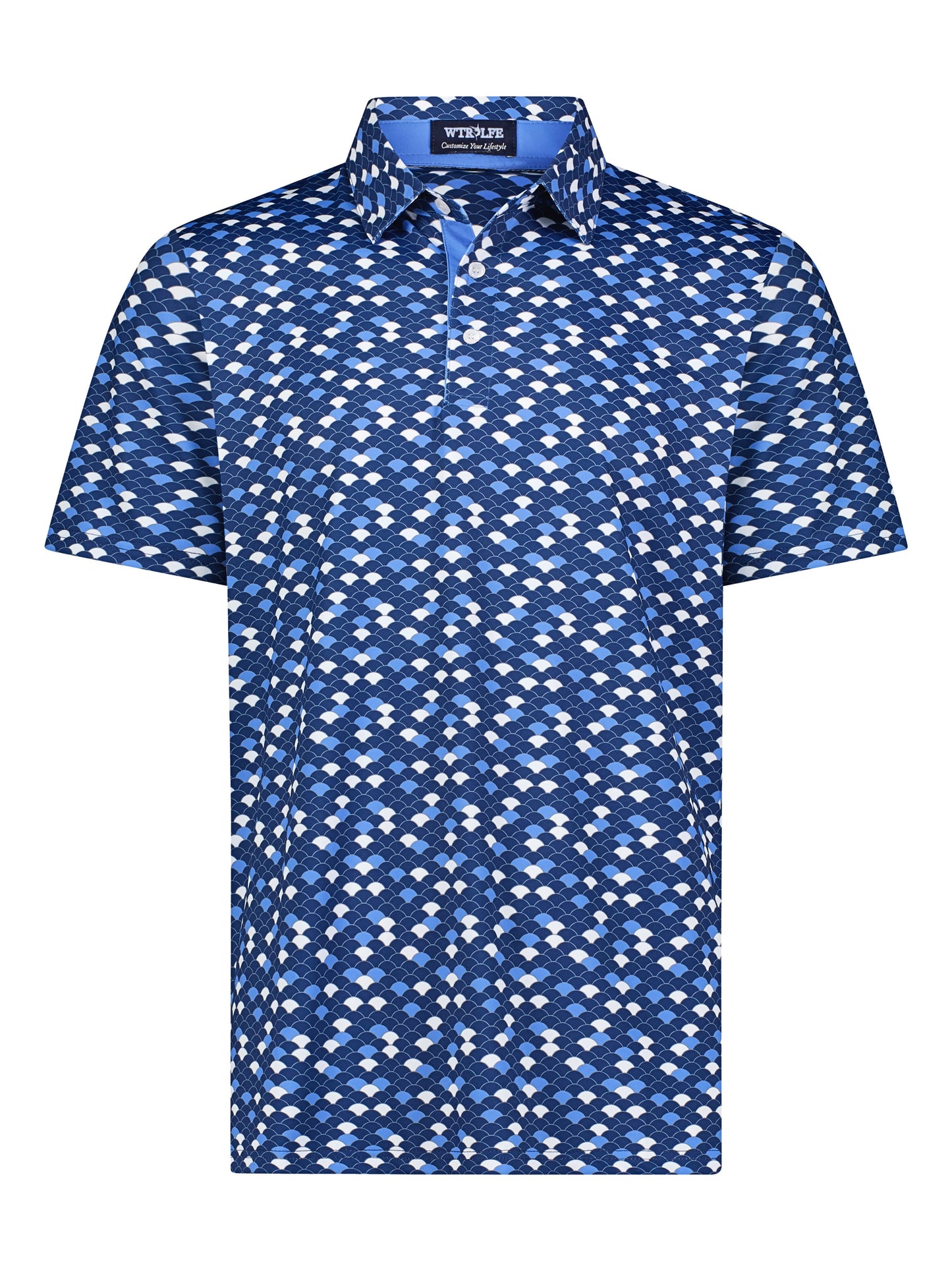 Scales Polo by White Water Life, blue scale-print polo shirt with short sleeves on Tampa Home & Garden Store