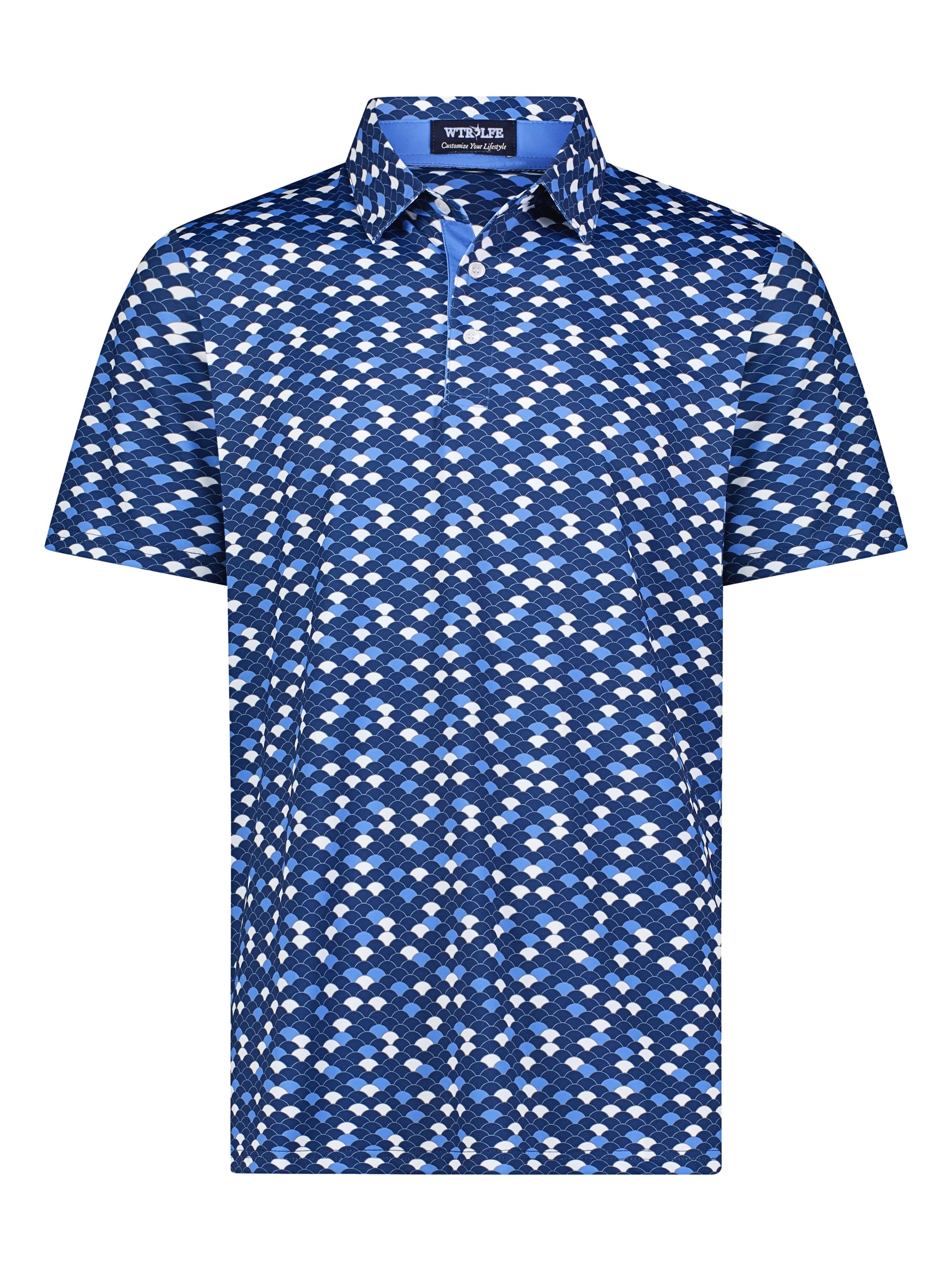 Scales Polo by White Water Life, blue scale-print polo shirt with short sleeves on Tampa Home & Garden Store