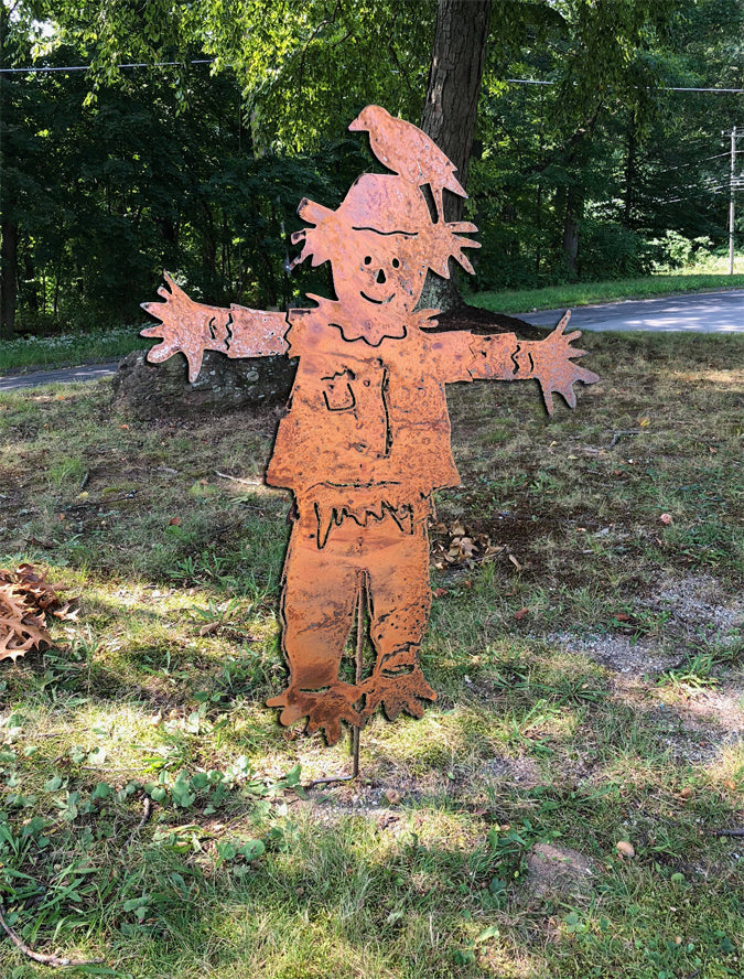 Outdoor scarecrow garden stake silhouette in rust metal by Rustica Ornamentals on Tampa Home & Garden Store