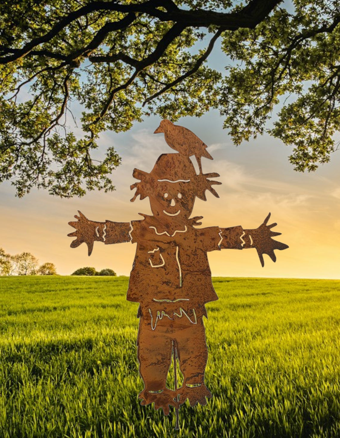 Outdoor scarecrow garden statue silhouette in rusted metal by Rustica Ornamentals on Tampa Home & Garden Store
