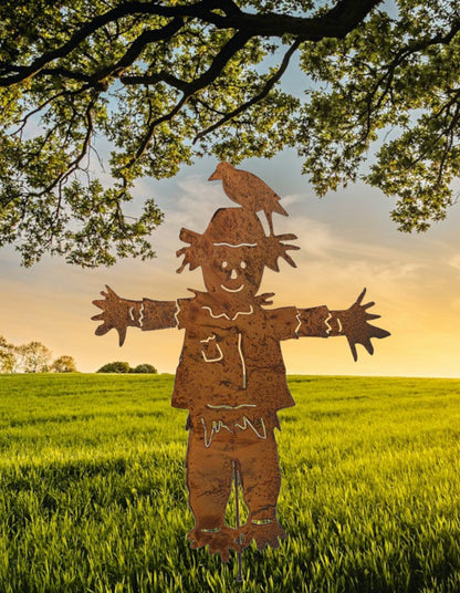 Outdoor scarecrow garden statue silhouette in rusted metal by Rustica Ornamentals on Tampa Home & Garden Store