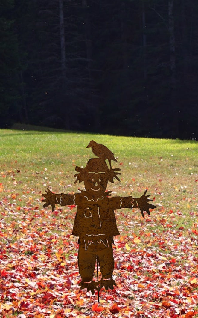 Outdoor scarecrow statue silhouette in brown metal with crow on hat by Rustica Ornamentals on Tampa Home & Garden Store