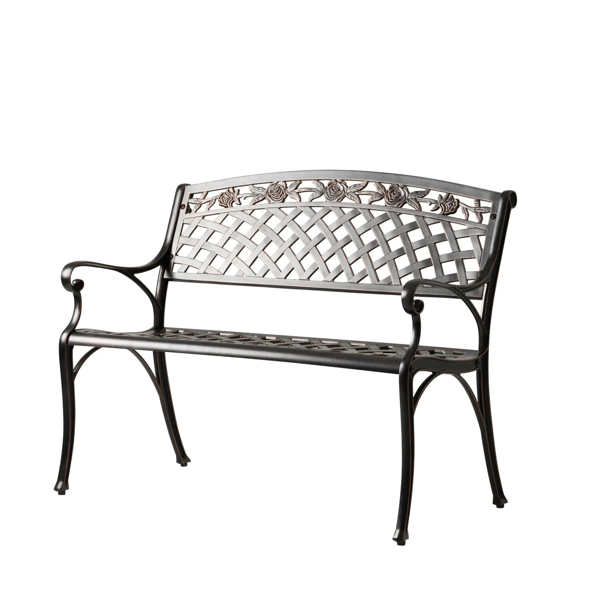 Scarlet aluminum patio bench with lattice back and floral scroll details in metal finish on Tampa Home & Garden Store