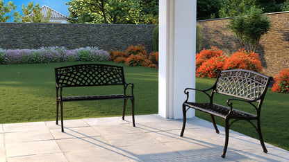 Scarlet aluminum patio benches (2) with lattice backrests on a tiled patio in a lush garden on Tampa Home & Garden Store