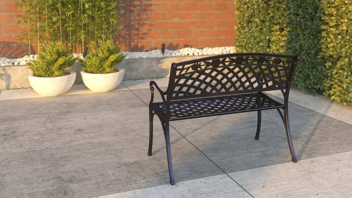 Scarlet Aluminum Patio Bench outdoor bench with lattice back and seat in black finish on Tampa Home & Garden Store