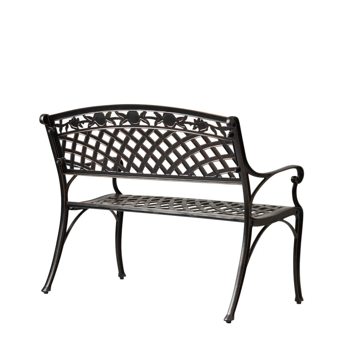 Scarlet aluminum patio bench with lattice back and curved arms on Tampa Home & Garden Store