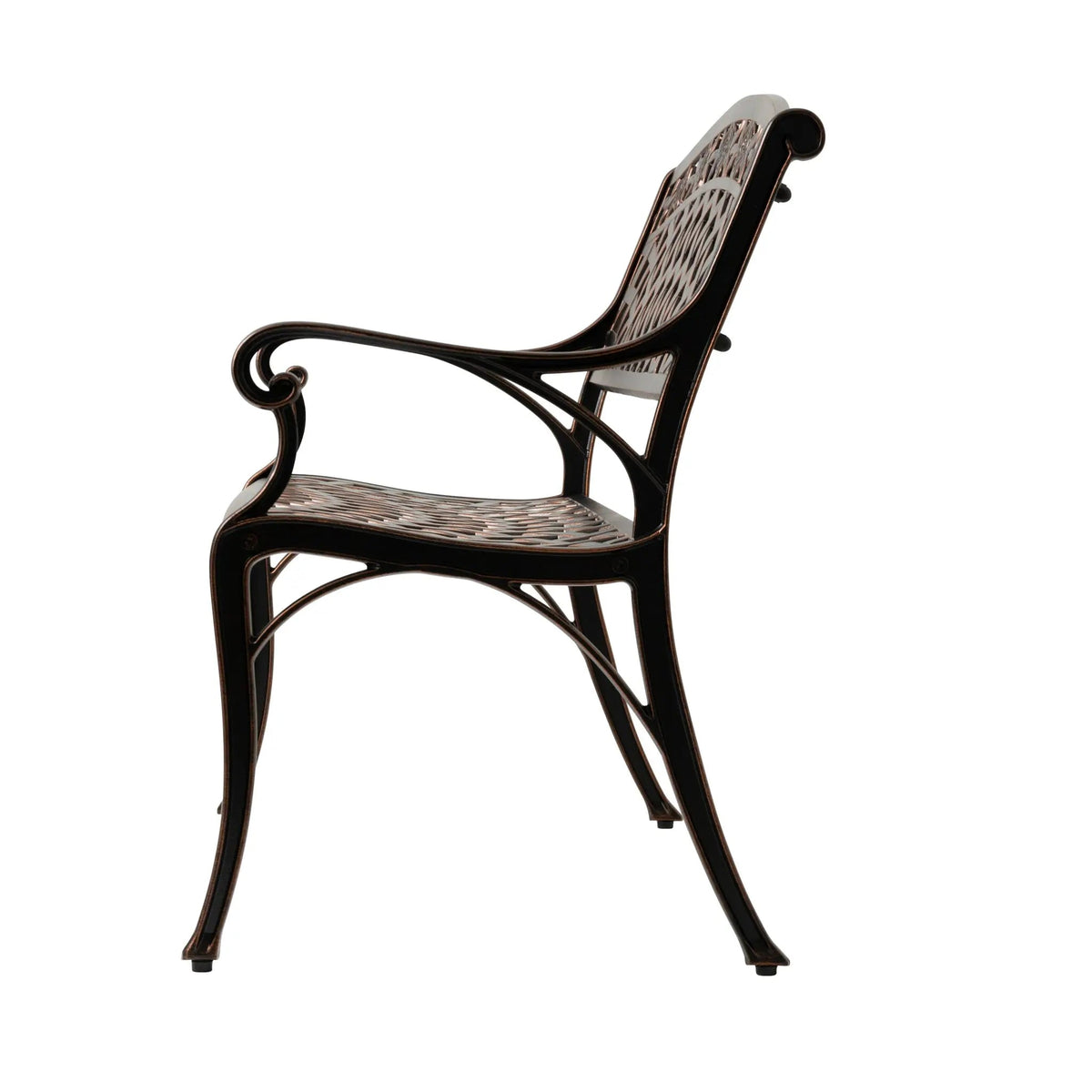 Scarlet aluminum patio bench with lattice back and curved scroll arms on Tampa Home & Garden Store