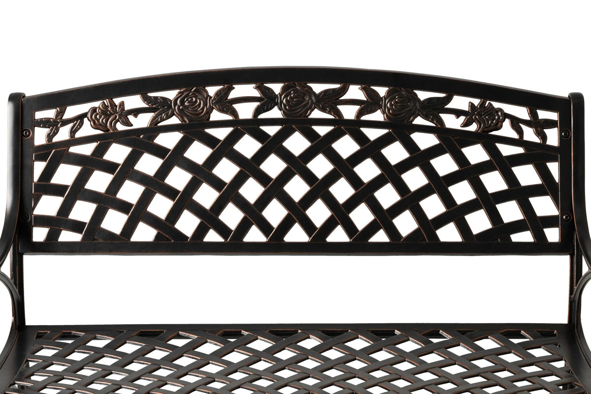 Scarlet aluminum patio bench with lattice back and bronze accents on Tampa Home & Garden Store