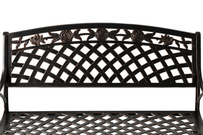 Scarlet aluminum patio bench with lattice back and bronze accents on Tampa Home & Garden Store