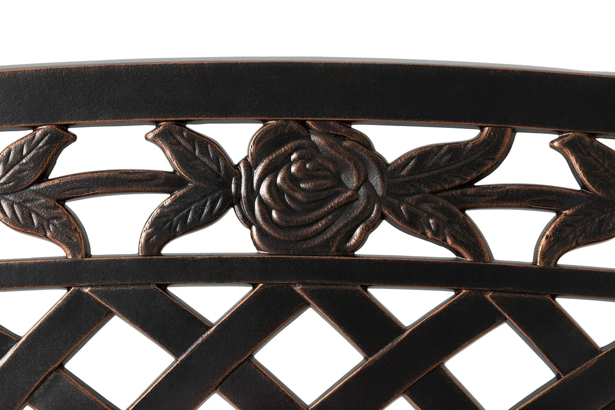 Scarlet aluminum patio bench Fire Sense/Balkene Home with bronze finish and rose centerpiece on Tampa Home & Garden Store