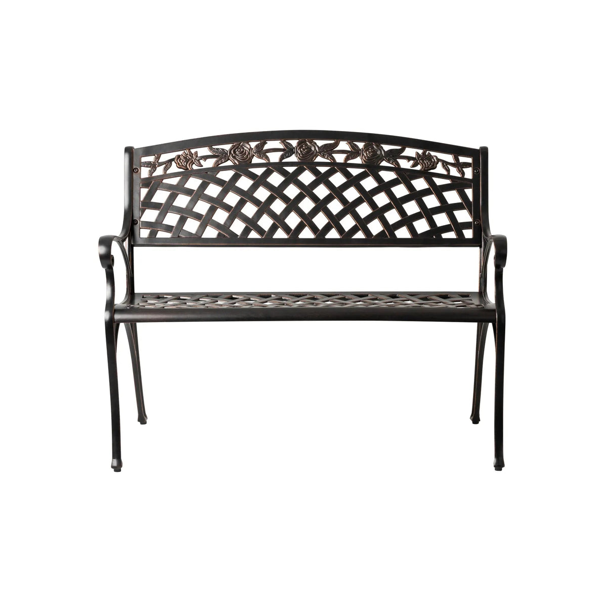 Scarlet aluminum outdoor bench with lattice back and floral top rail by Fire Sense/Balkene Home on Tampa Home & Garden Store