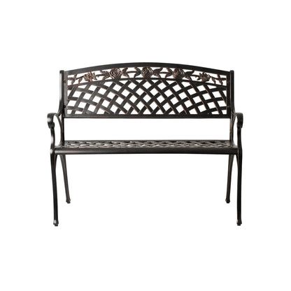 Scarlet aluminum outdoor bench with lattice back and floral top rail by Fire Sense/Balkene Home on Tampa Home & Garden Store