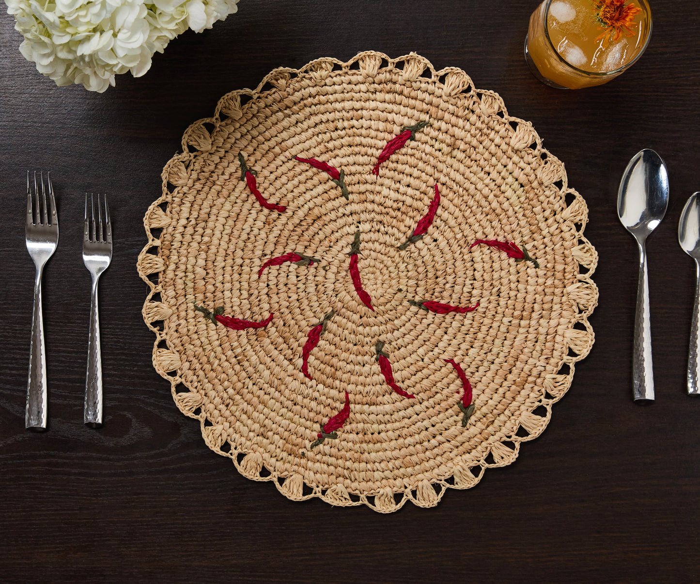 Scattered Chili Handwoven Raffia Round Placemat – Artisan Table Décor - Tampa Home & Garden Store