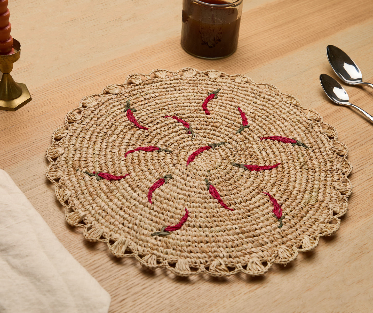 Scattered Chili Handwoven Raffia Round Placemat – Artisan Table Décor - Tampa Home & Garden Store