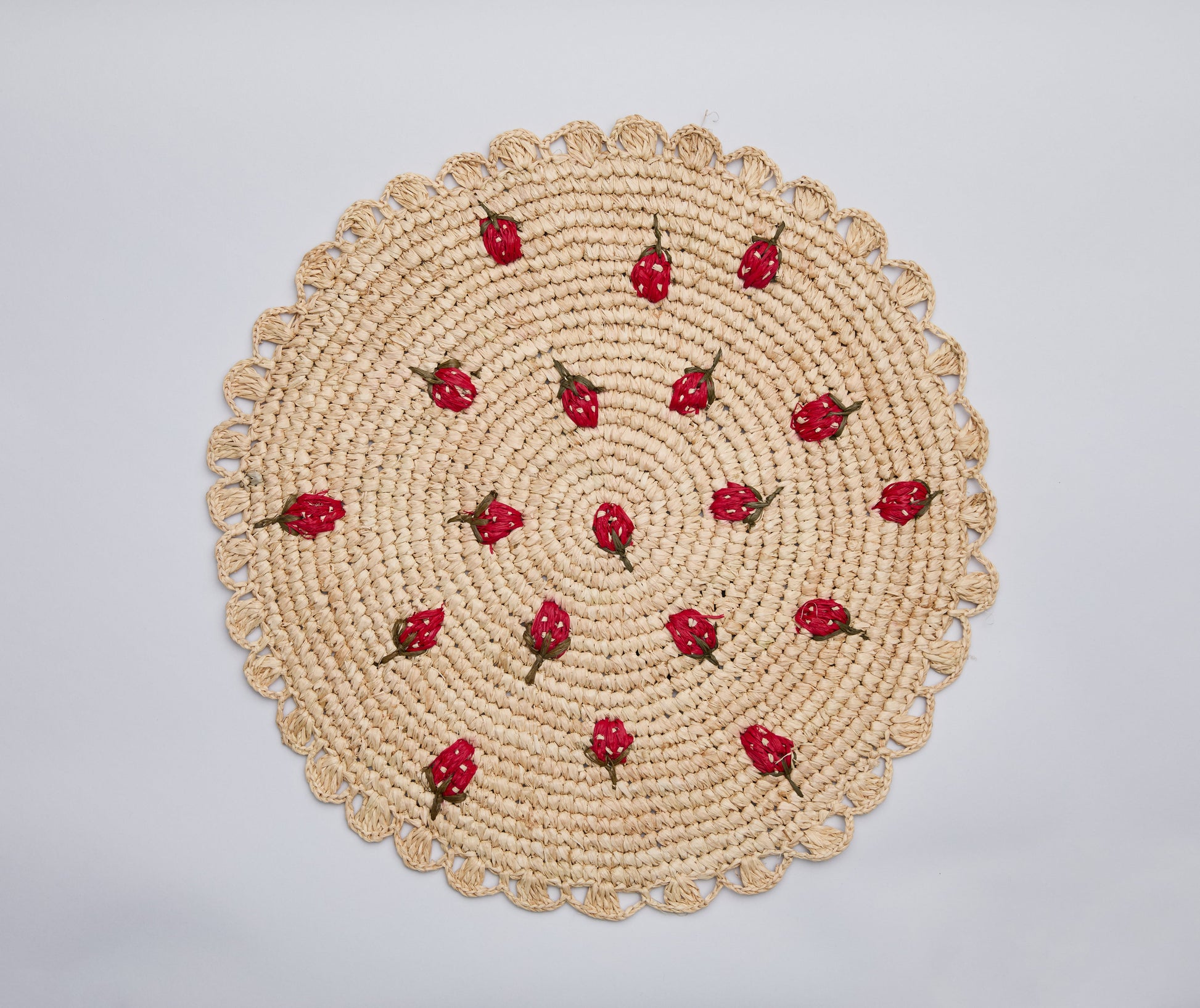 Scattered Strawberry Hand-Crocheted Raffia Palm Round Placemat - Tampa Home & Garden Store