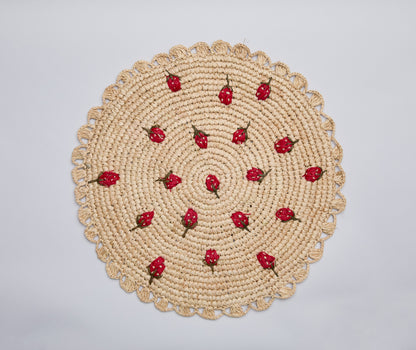 Scattered Strawberry Hand-Crocheted Raffia Palm Round Placemat - Tampa Home & Garden Store