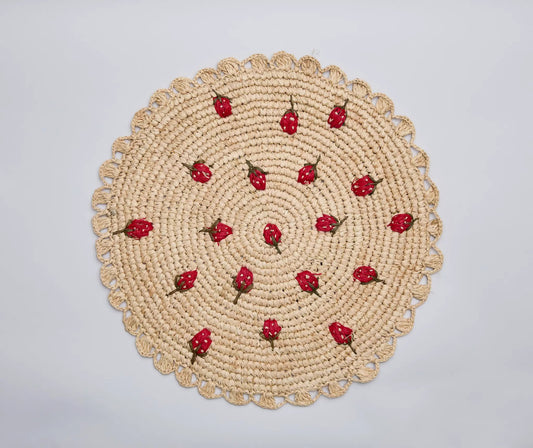 Strawberry hand-crocheted raffia palm placemats with red berries, set of 2 on Tampa Home & Garden Store